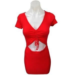 NEW Urban Renewal Red Short Sleeve Ruched Cutout Mini Bodycon Dress Size L